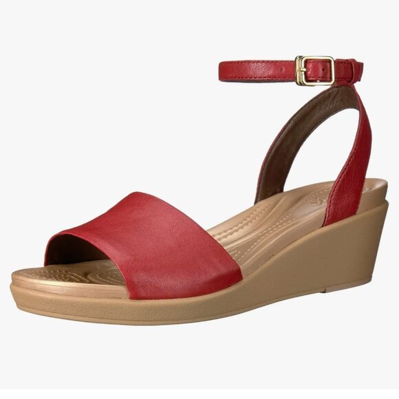 Crocs Leigh Ann Ankle Strap Leather Wedge Sandal Women Size 8 Garnet Red Comfort - Picture 1 of 10
